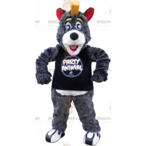 Traje de mascote BIGGYMONKEY™ Lobo cinza e branco com brasão