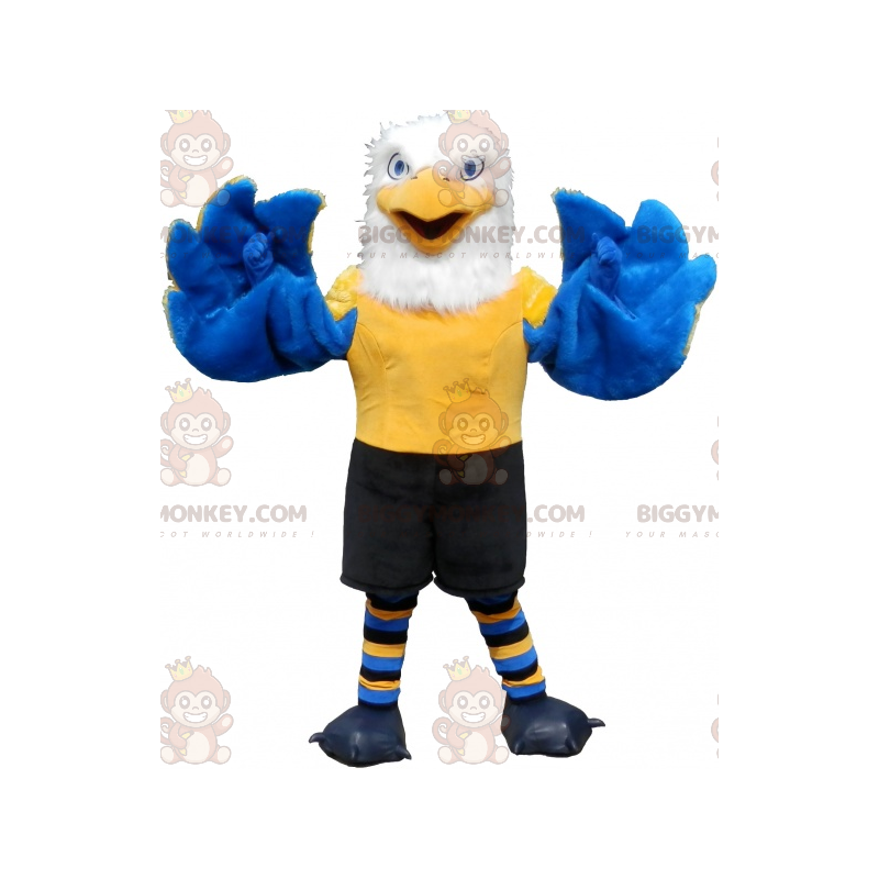 Costume de mascotte BIGGYMONKEY™ d'aigle blanc jaune et bleu