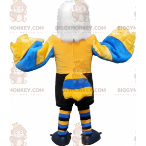 Velmi zdařilý kostým maskota chlupatého žlutého a modrobílého