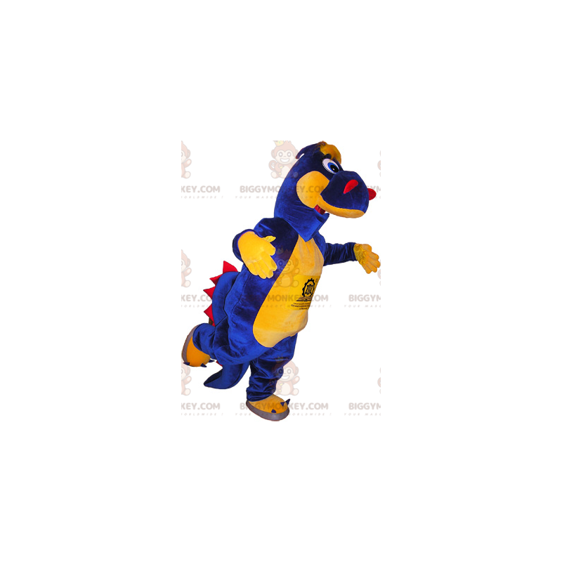 Blauw gele en rode dinosaurus BIGGYMONKEY™ mascottekostuum -