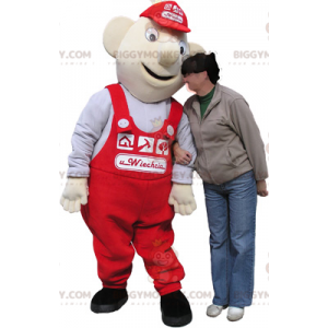 BIGGYMONKEY™ maskotkostume Hvid arbejdermand med røde overalls
