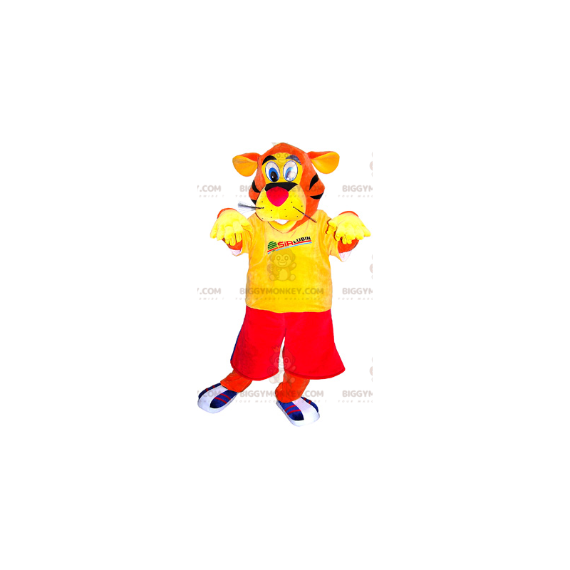 Orange Tiger BIGGYMONKEY™ Mascot Costume Dressed in Red and