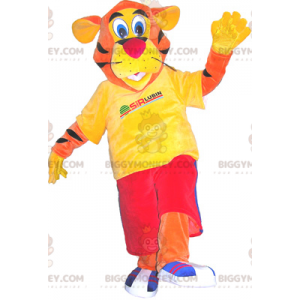 Orange Tiger BIGGYMONKEY™ Mascot Costume Dressed in Red and