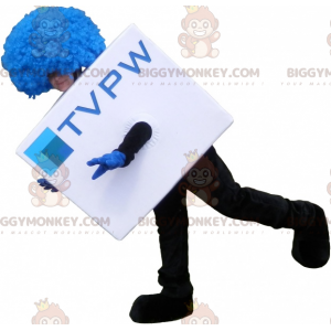 Disfraz de mascota BIGGYMONKEY™ cúbico blanco con peluca azul.