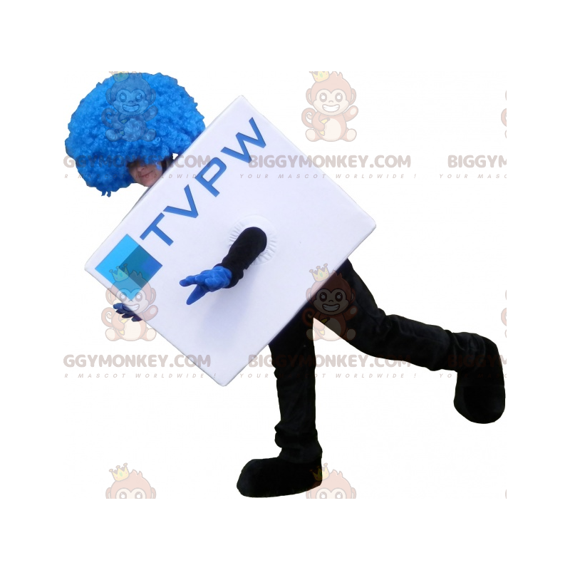 Vit kubisk BIGGYMONKEY™ maskotdräkt med blå peruk. TV