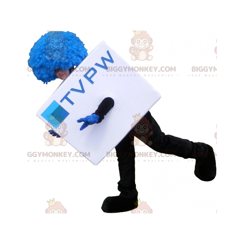 White cubic BIGGYMONKEY™ mascot costume with blue wig. TV