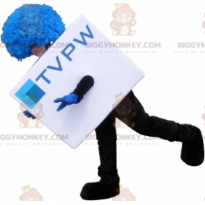 Wit kubiek BIGGYMONKEY™ mascottekostuum met blauwe pruik. TV