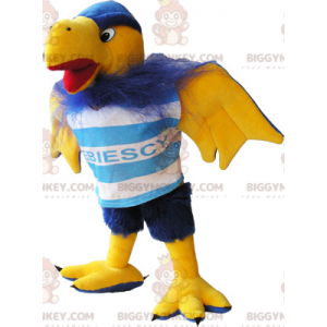 Κοστούμι μασκότ με τριχωτό μπλε και κίτρινο όρνιο πουλί