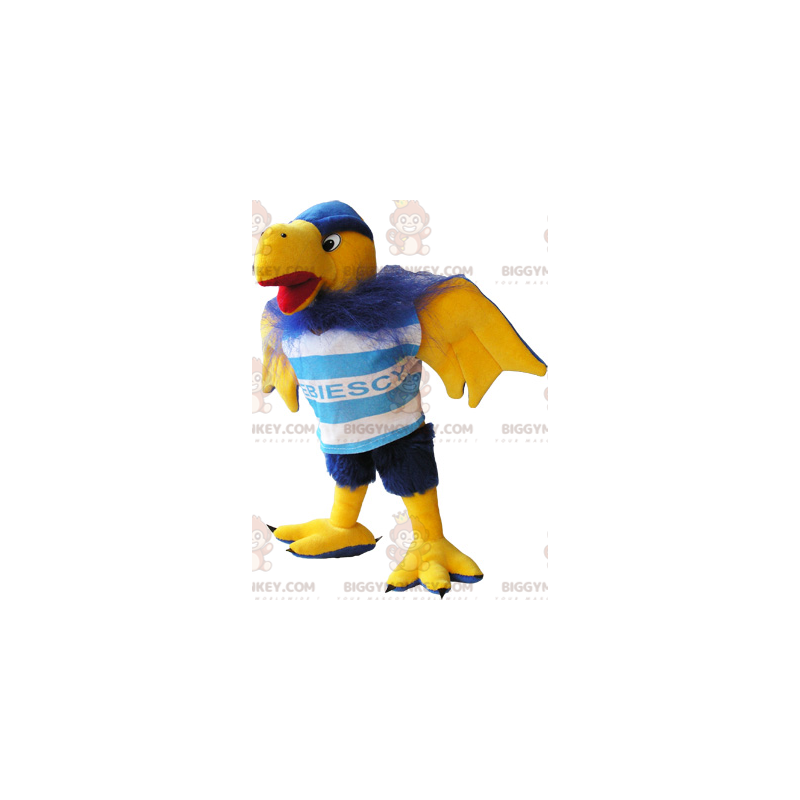 Kostium maskotka włochaty niebiesko-żółty ptak sęp BIGGYMONKEY™