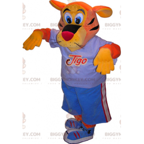 BIGGYMONKEY™ Maskotdräkt Orange och gul Tigo Tiger i blå