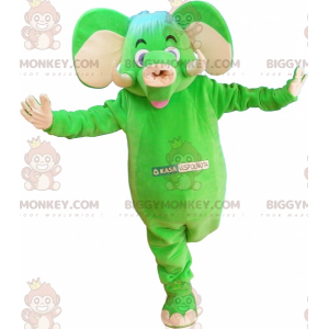 Traje de mascote divertido e colorido de elefante verde e
