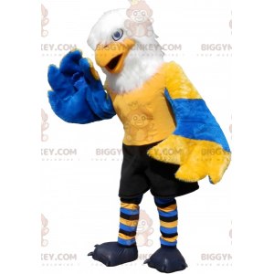 Costume de mascotte BIGGYMONKEY™ d'aigle jaune bleu et blanc