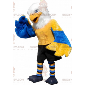 Traje de mascote BIGGYMONKEY™ Águia amarela azul e branca com