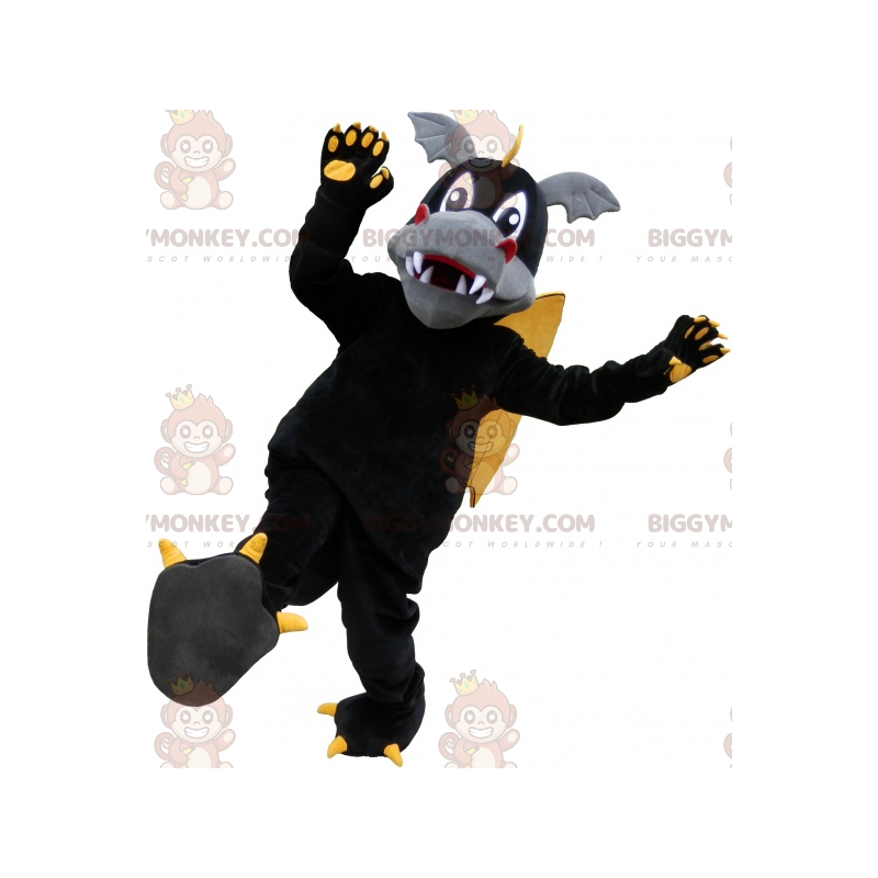Costume de mascotte BIGGYMONKEY™ de dragon noir jaune et gris