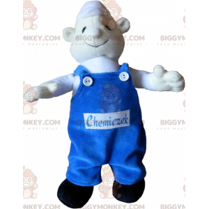 BIGGYMONKEY™ maskotkostume Hvid snemand med blå overalls -