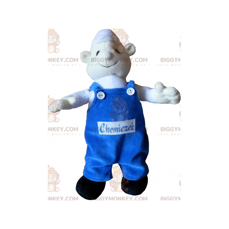 BIGGYMONKEY™ maskotkostume Hvid snemand med blå overalls -