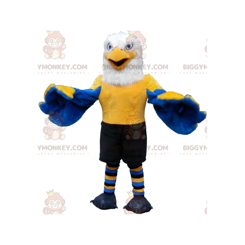 Blau-gelber und weißer Adler BIGGYMONKEY™ Maskottchen-Kostüm in