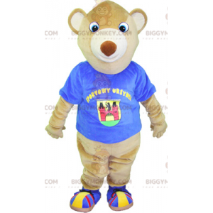 BIGGYMONKEY™ mascottekostuum beige teddybeer met blauw t-shirt