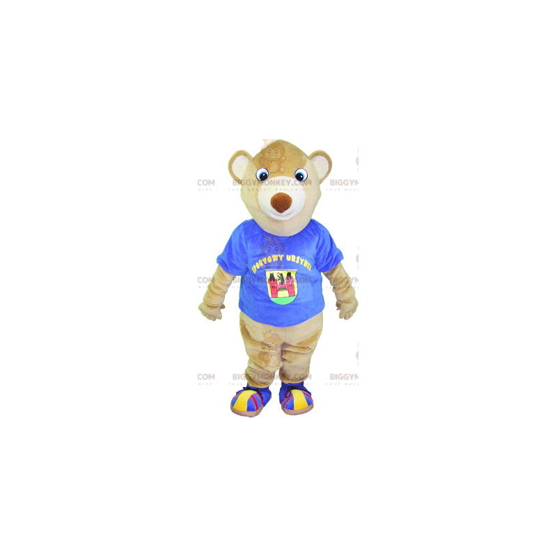 BIGGYMONKEY™ mascottekostuum beige teddybeer met blauw t-shirt