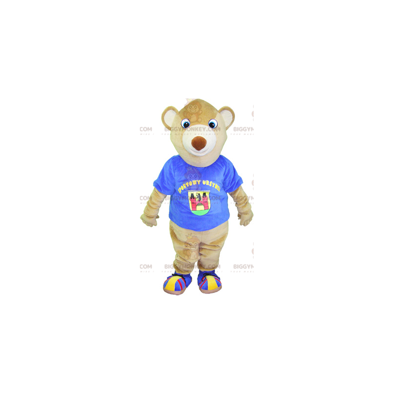 Kostým maskota BIGGYMONKEY™ béžový medvídek s modrým tričkem –
