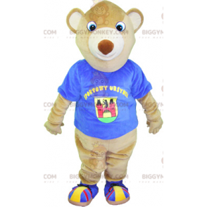 BIGGYMONKEY™ mascot costume beige teddy bear with blue t-shirt