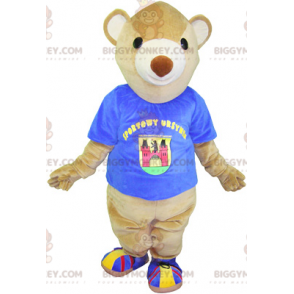 BIGGYMONKEY™ mascottekostuum beige teddybeer met blauw t-shirt