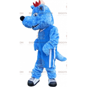 BIGGYMONKEY™ mascottekostuum blauwe wolf met rode kuif en felle