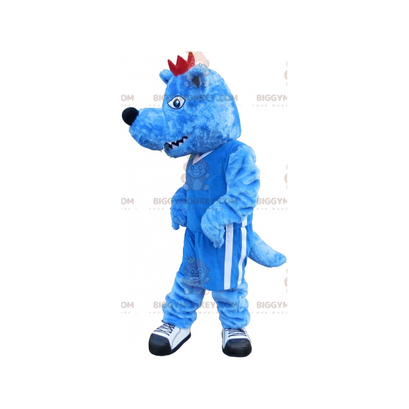 BIGGYMONKEY™ Maskottchenkostüm Blauer Wolf mit rotem Kamm und