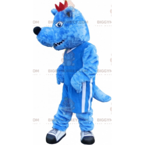 Traje de mascote BIGGYMONKEY™ Lobo Azul com Crista Vermelha e