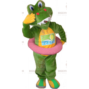 Kostým maskota BIGGYMONKEY™ Zelený a žlutý krokodýl s bójkou –