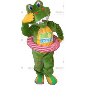 BIGGYMONKEY™ maskotkostume Grøn og gul krokodille med en bøje -