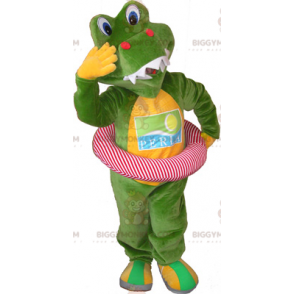 Traje de mascote BIGGYMONKEY™ crocodilo verde e amarelo com