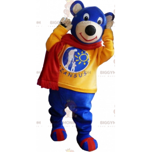 Blaues Teddy BIGGYMONKEY™ Maskottchenkostüm mit gelbem Pullover