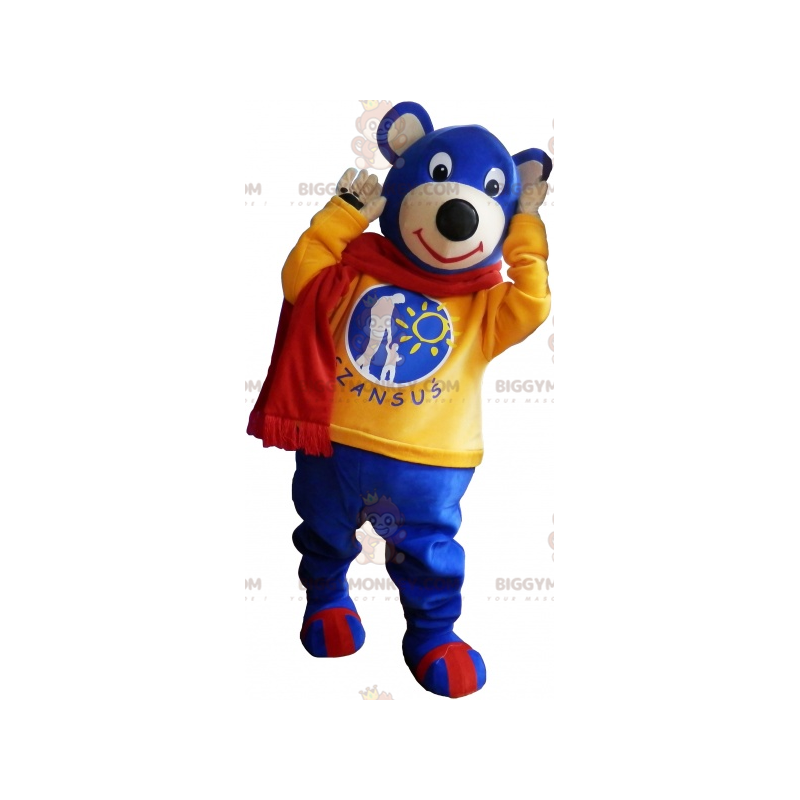 Blauw Teddy BIGGYMONKEY™-mascottekostuum met gele trui en sjaal