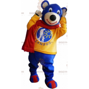 Blauw Teddy BIGGYMONKEY™-mascottekostuum met gele trui en sjaal