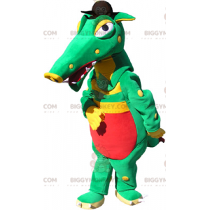 Groen geel rood krokodil BIGGYMONKEY™ mascotte kostuum met
