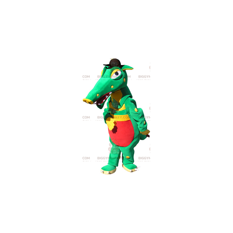 Traje de mascote de crocodilo vermelho amarelo verde