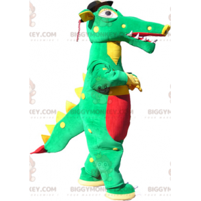 Grön Gul Röd Krokodil BIGGYMONKEY™ maskotdräkt med svart hatt -