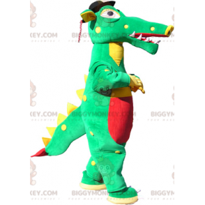 Traje de mascote de crocodilo vermelho amarelo verde