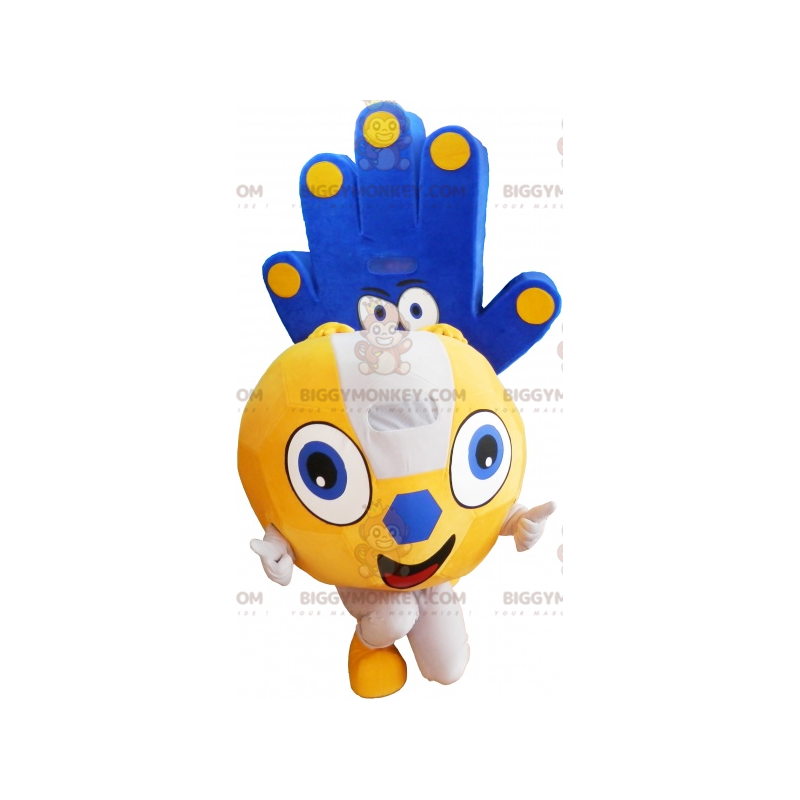2 mascotte di BIGGYMONKEY™: un palloncino giallo e una mano blu