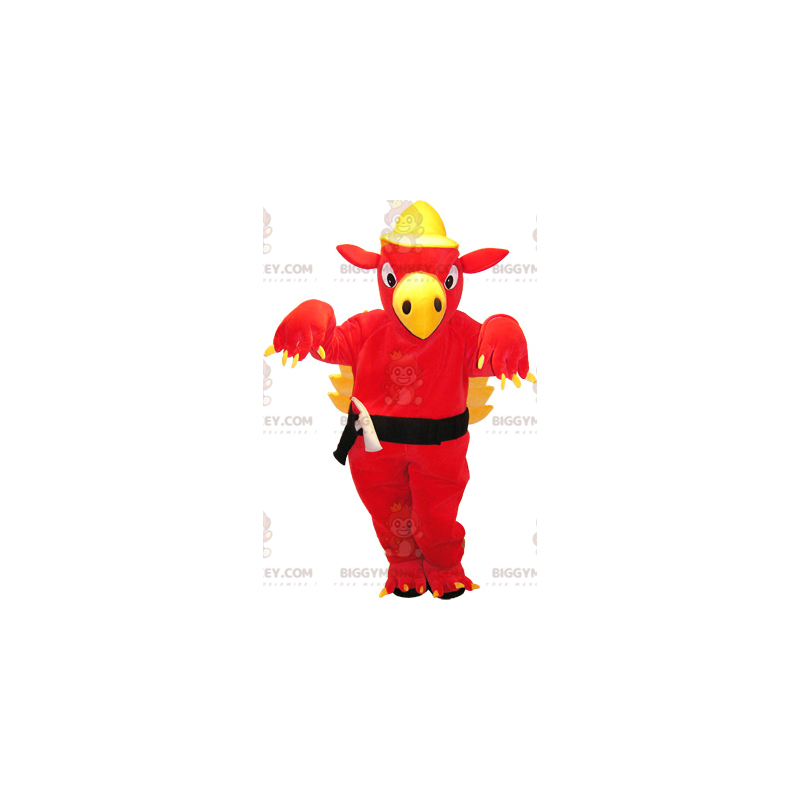 Traje de mascote de dragão gigante vermelho e amarelo