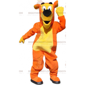 Traje de mascote tigre sem listras amarelo laranja e preto