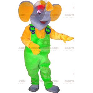 Traje de mascote BIGGYMONKEY™ Elefante cinza com macacão verde