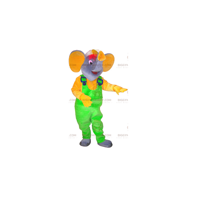 BIGGYMONKEY™ maskotkostume Grå elefant med neongrøn overalls -