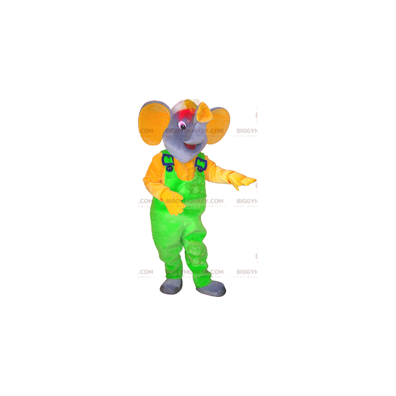 BIGGYMONKEY™ Maskottchenkostüm Grauer Elefant mit neongrünem