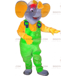 BIGGYMONKEY™ maskotkostume Grå elefant med neongrøn overalls -