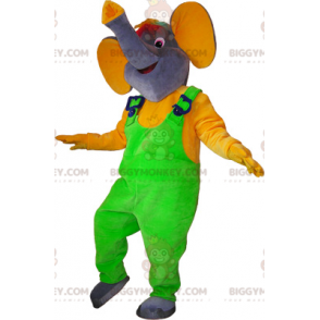 BIGGYMONKEY™ maskotkostume Grå elefant med neongrøn overalls -