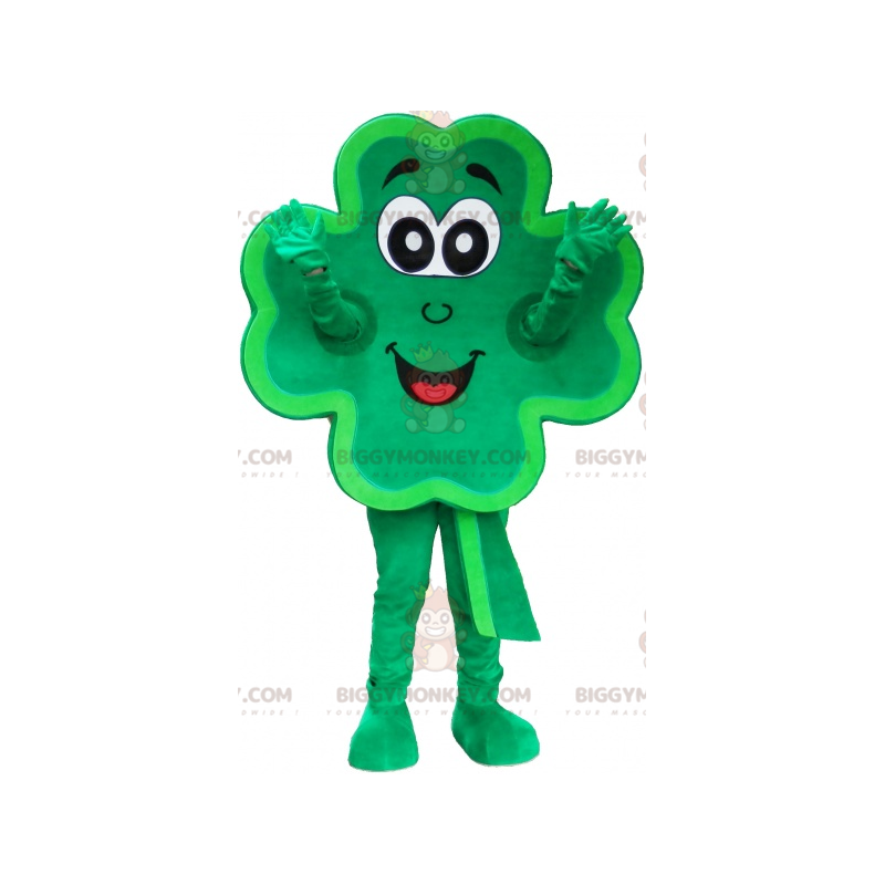 Traje de mascote de trevo de 4 folhas verde sorridente