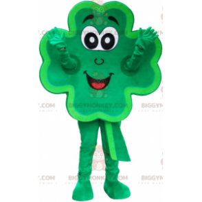 Traje de mascote de trevo de 4 folhas verde sorridente