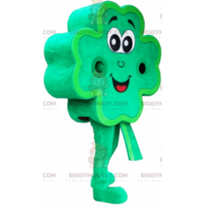 Traje de mascote de trevo de 4 folhas verde sorridente